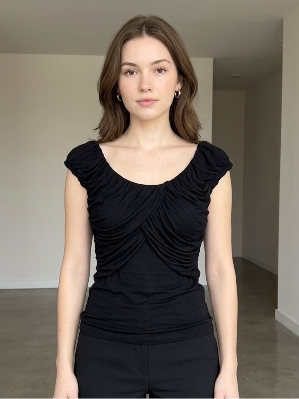 1990s Vintage USA Easel Black Ruched Cap-Sleeve Women’s Top